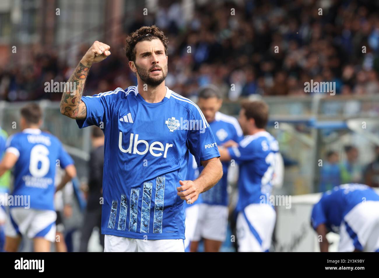 Como, Italie. 14 septembre 2024. Patrick Cutrone de Como 1907 fait la fête lors du match de football Serie A Enilive 2024/2025 entre Côme et Bologne au stade Giuseppe Sinigaglia de Côme, dans le nord de l'Italie - samedi 14 septembre 2024. Sport - Football. (Photo de Antonio Saia/LaPresse) crédit : LaPresse/Alamy Live News Banque D'Images