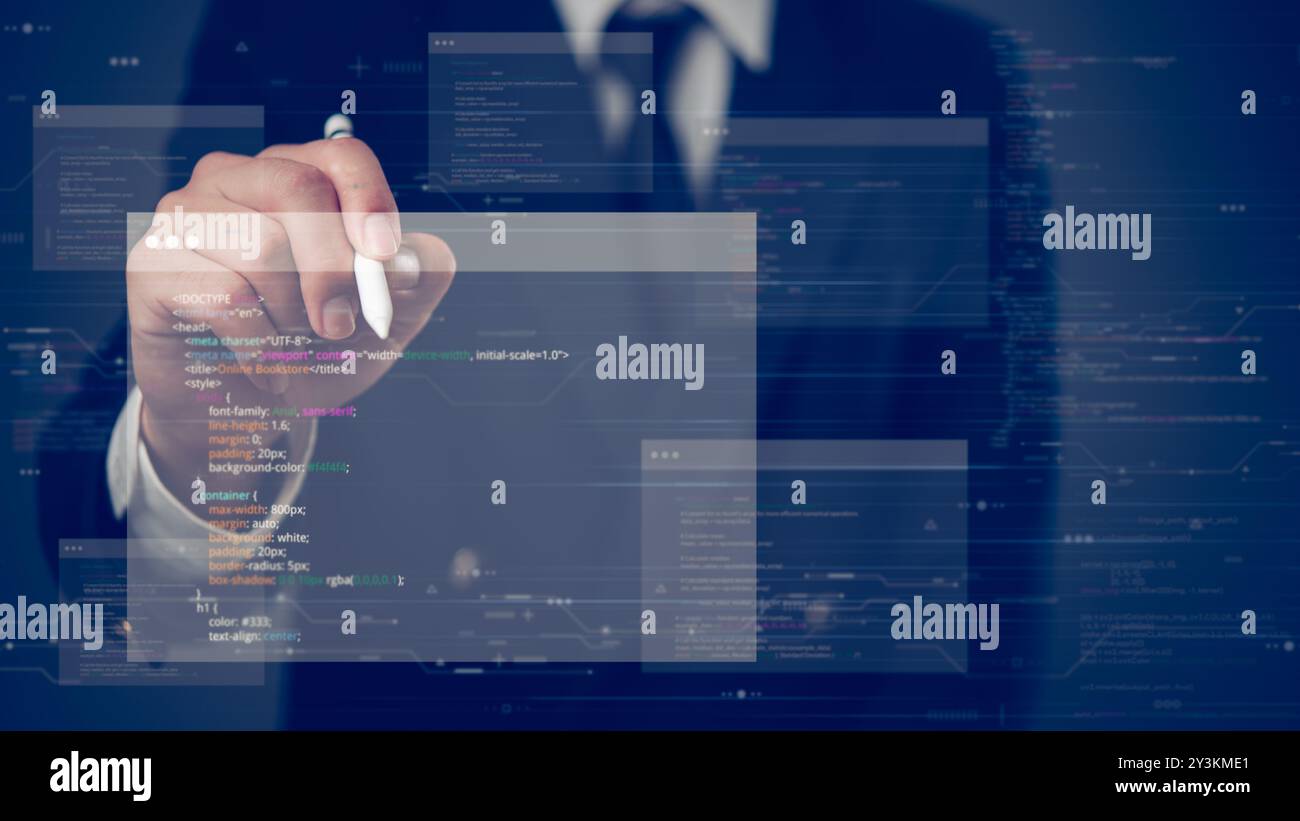 Homme d'affaires utilisant un stylet pour interagir avec une interface virtuelle affichant du code informatique flottant et des données, mettant l'accent sur la technologie et l'innovation. Banque D'Images