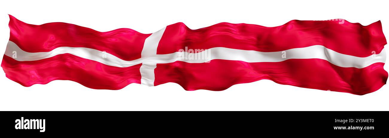 Drapeau stylisé du Danemark agitant au vent, isolé sur fond blanc. Pied de page, en-tête ou séparateur. Découpez un élément panoramique large. Bannière pour Banque D'Images