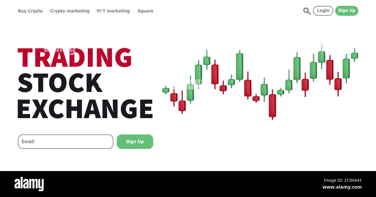 Tableau en chandelier. Page de destination promotionnelle des cours de plateforme de trading en ligne avec graphique en chandelier japonais 3d vert et rouge. Bannière boursière. Modèle de conception de web vectoriel. Illustration de Vecteur