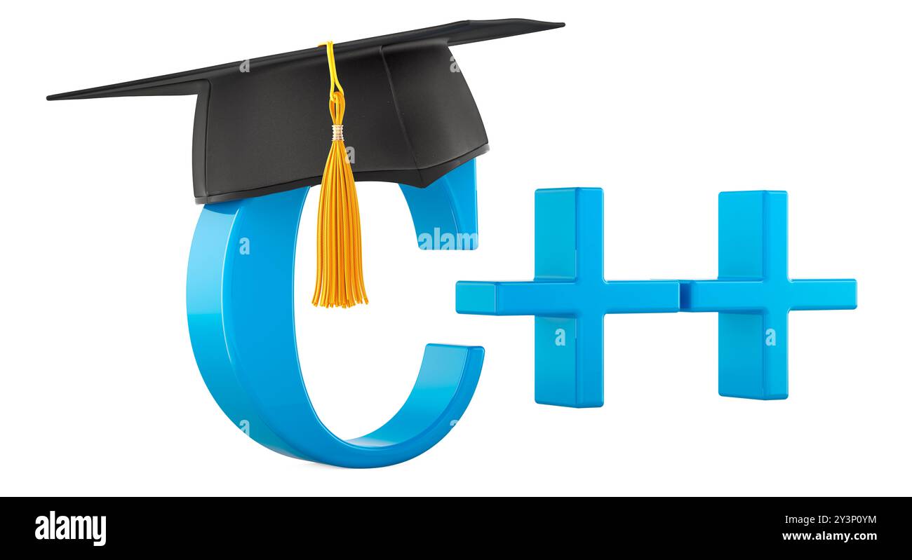 Langage de programmation C plus plus avec chapeau d'éducation, rendu 3D isolé sur fond blanc Banque D'Images
