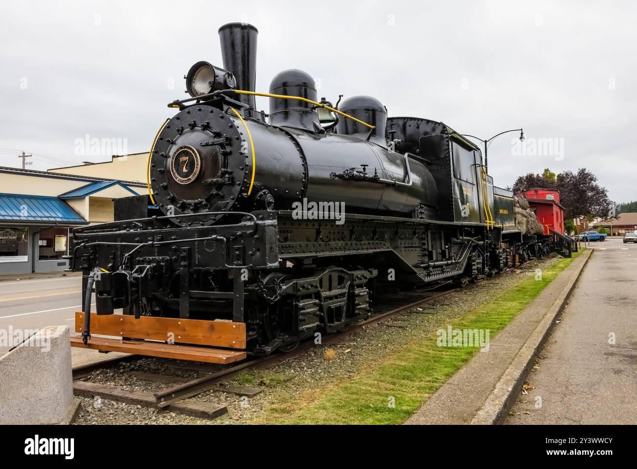 La locomotive Shay 'Tollie', un moteur à engrenages conçu pour les pentes abruptes et les virages serrés, est exposée à Shelton, État de Washington, États-Unis Banque D'Images