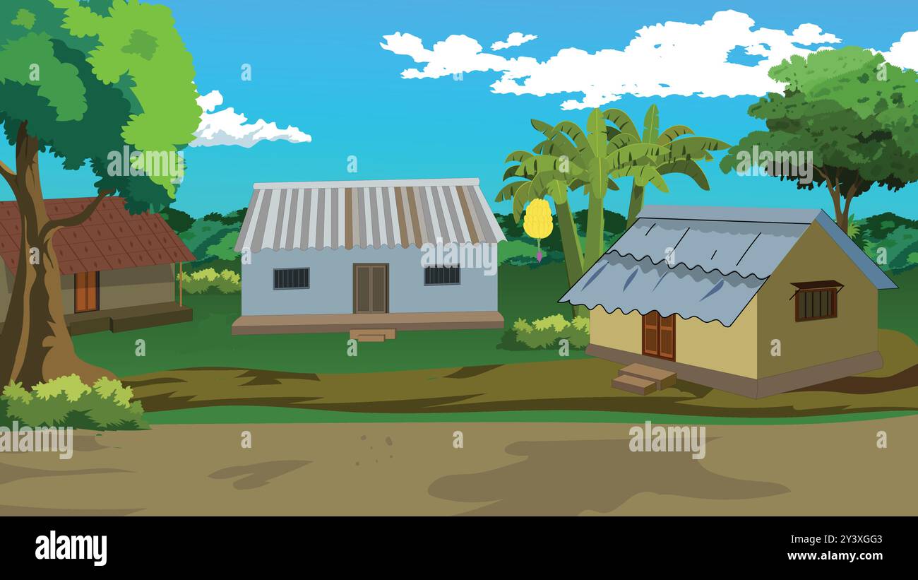 Fond de village de dessins animés libre de droit d'auteur. Maison d'ombre en étain à côté de la route. Village rural bangladais art Illustration de Vecteur