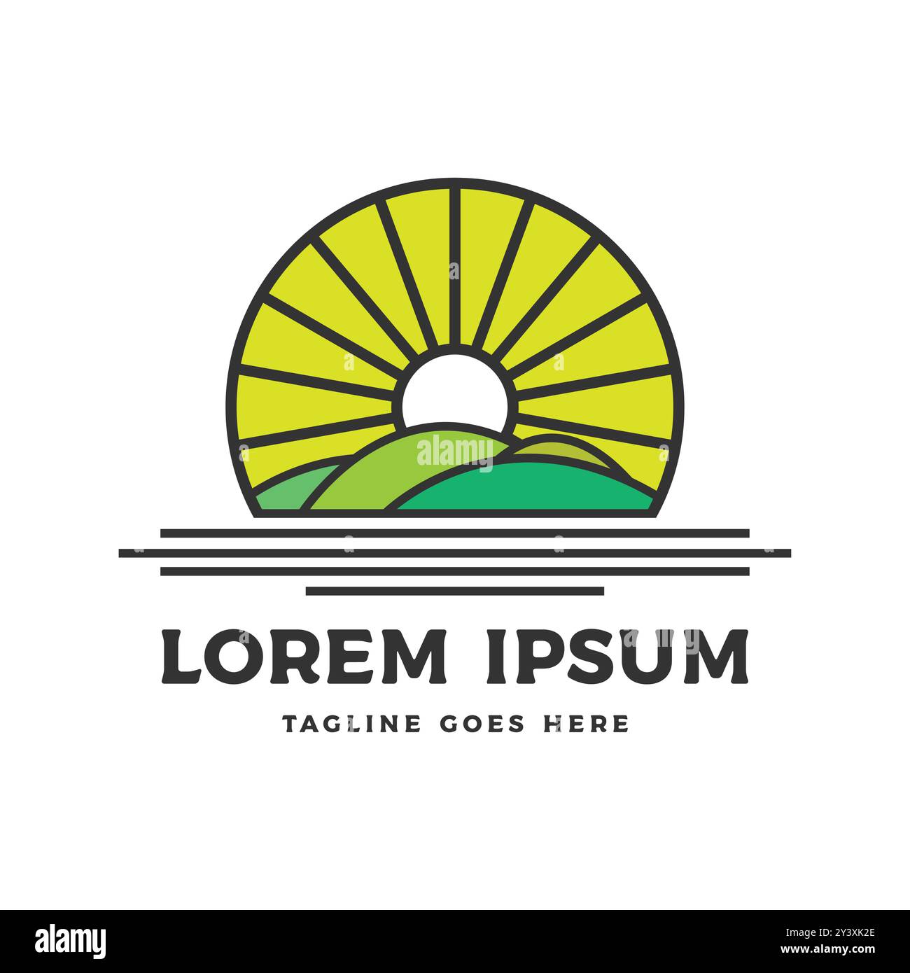 Lever de soleil simple avec Green Meadow Land Garden Farm Hill Landscape for Environment logo Design Vector Illustration de Vecteur