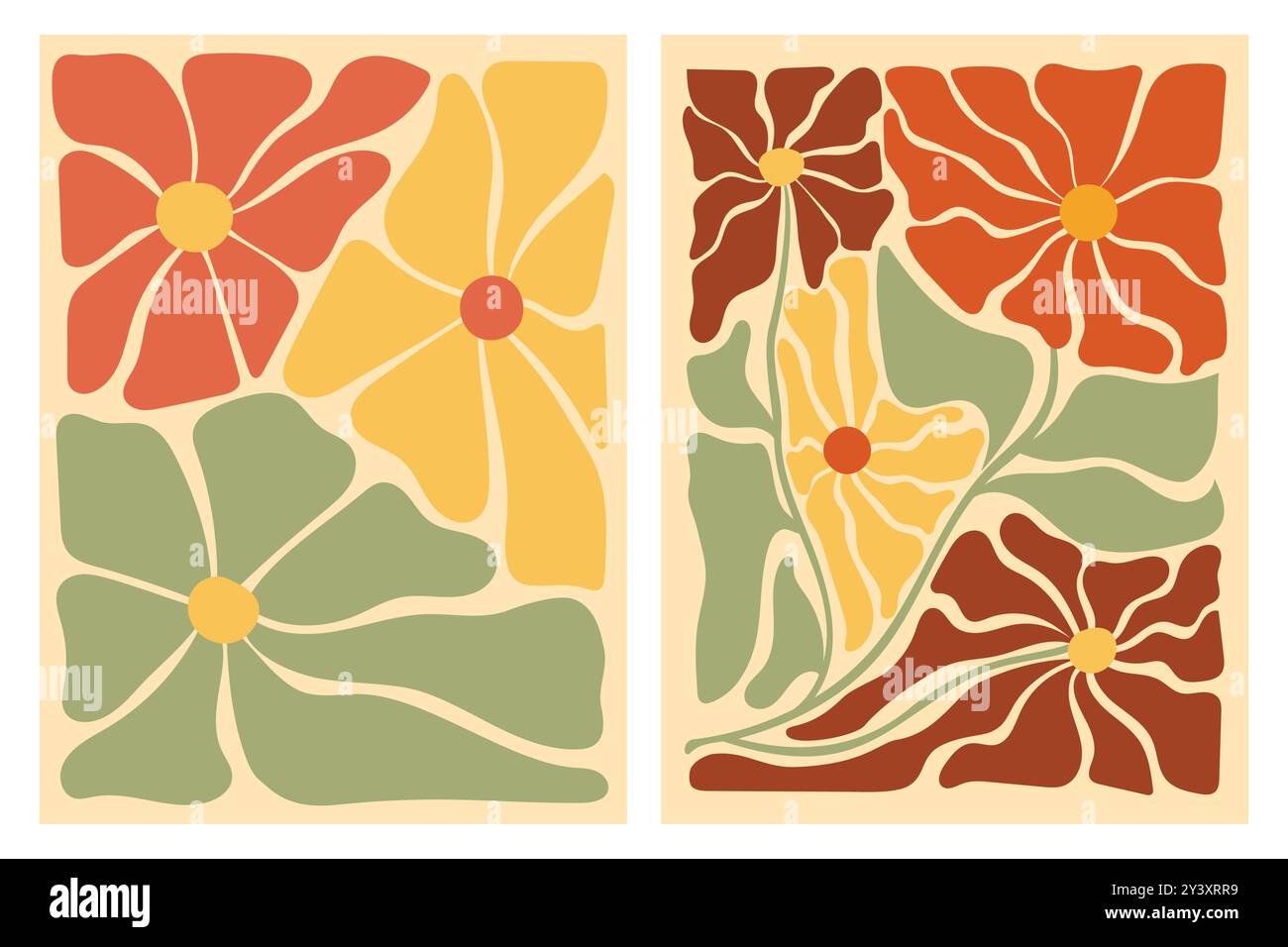 Deux motifs floraux abstraits dans des tons terreux de rouge, orange, jaune, vert et marron. Illustration de Vecteur