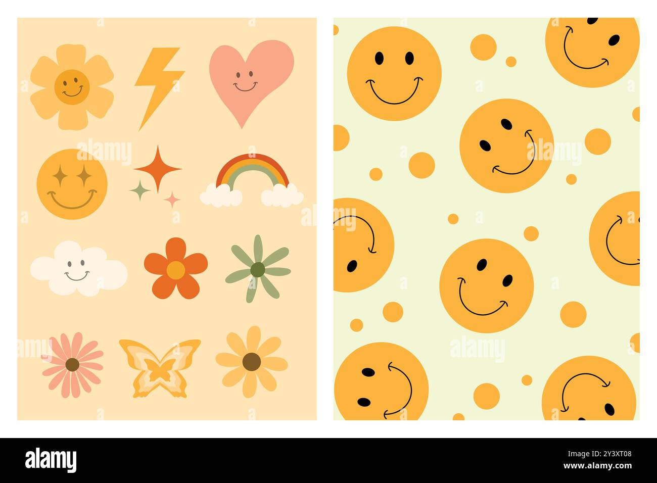 Une collection d'illustrations d'inspiration rétro, avec des visages souriants, des fleurs et d'autres motifs joyeux. Illustration de Vecteur
