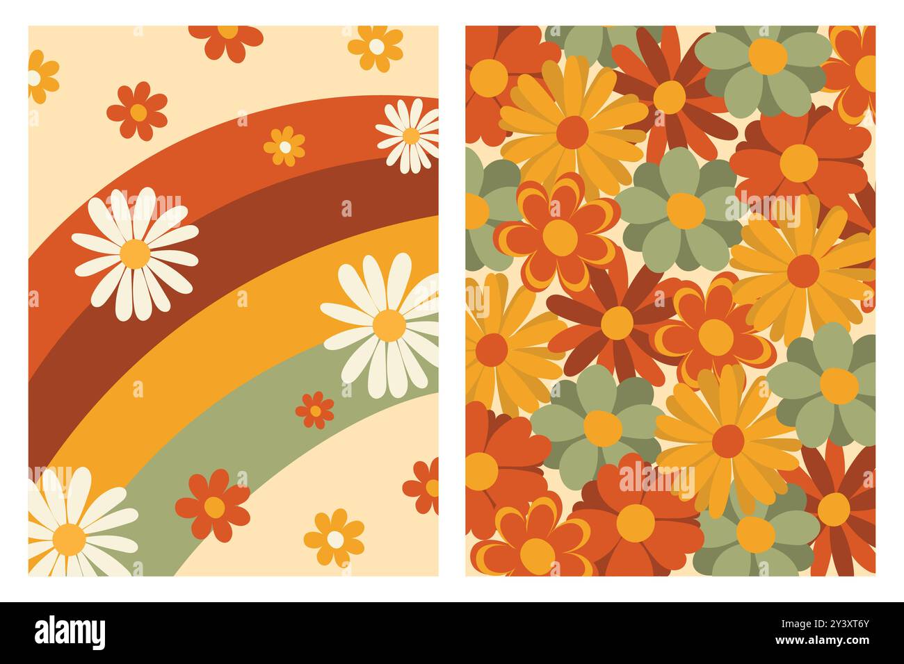 Un motif fleuri d'inspiration rétro avec des marguerites et un arc-en-ciel, conçu dans une palette de couleurs vibrantes. Illustration de Vecteur