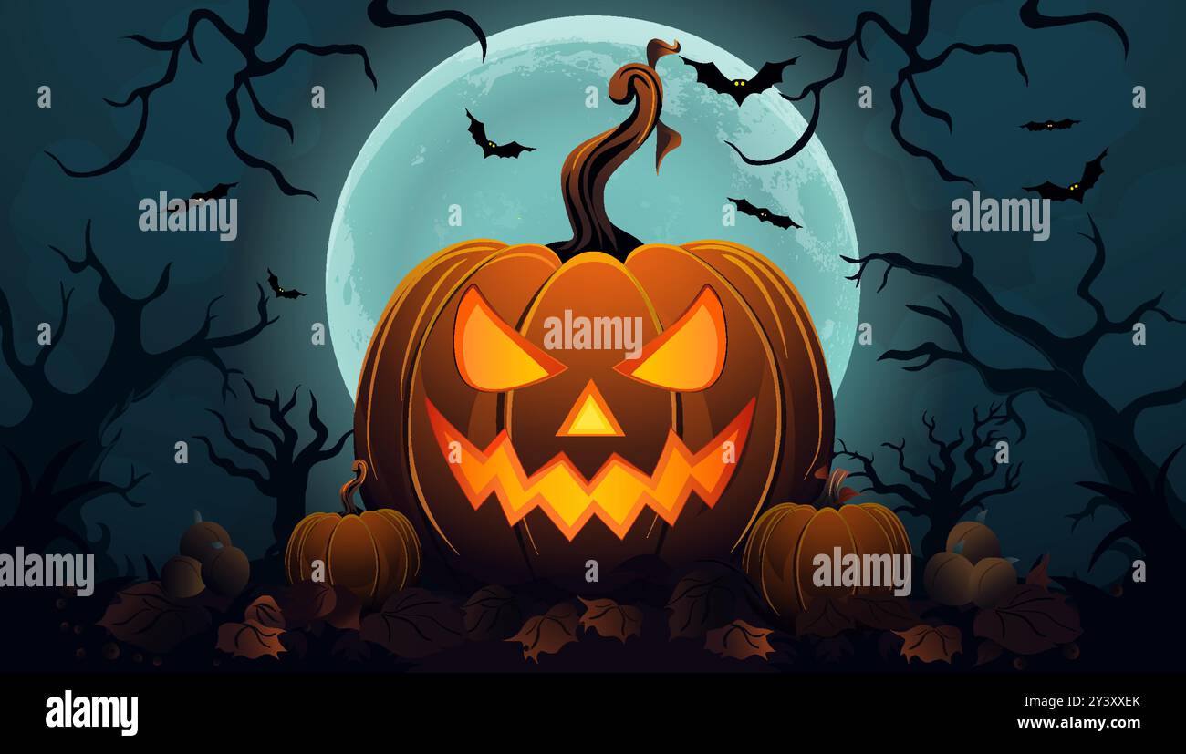 grosse citrouille d'halloween avec lune rose en arrière-plan Illustration de Vecteur
