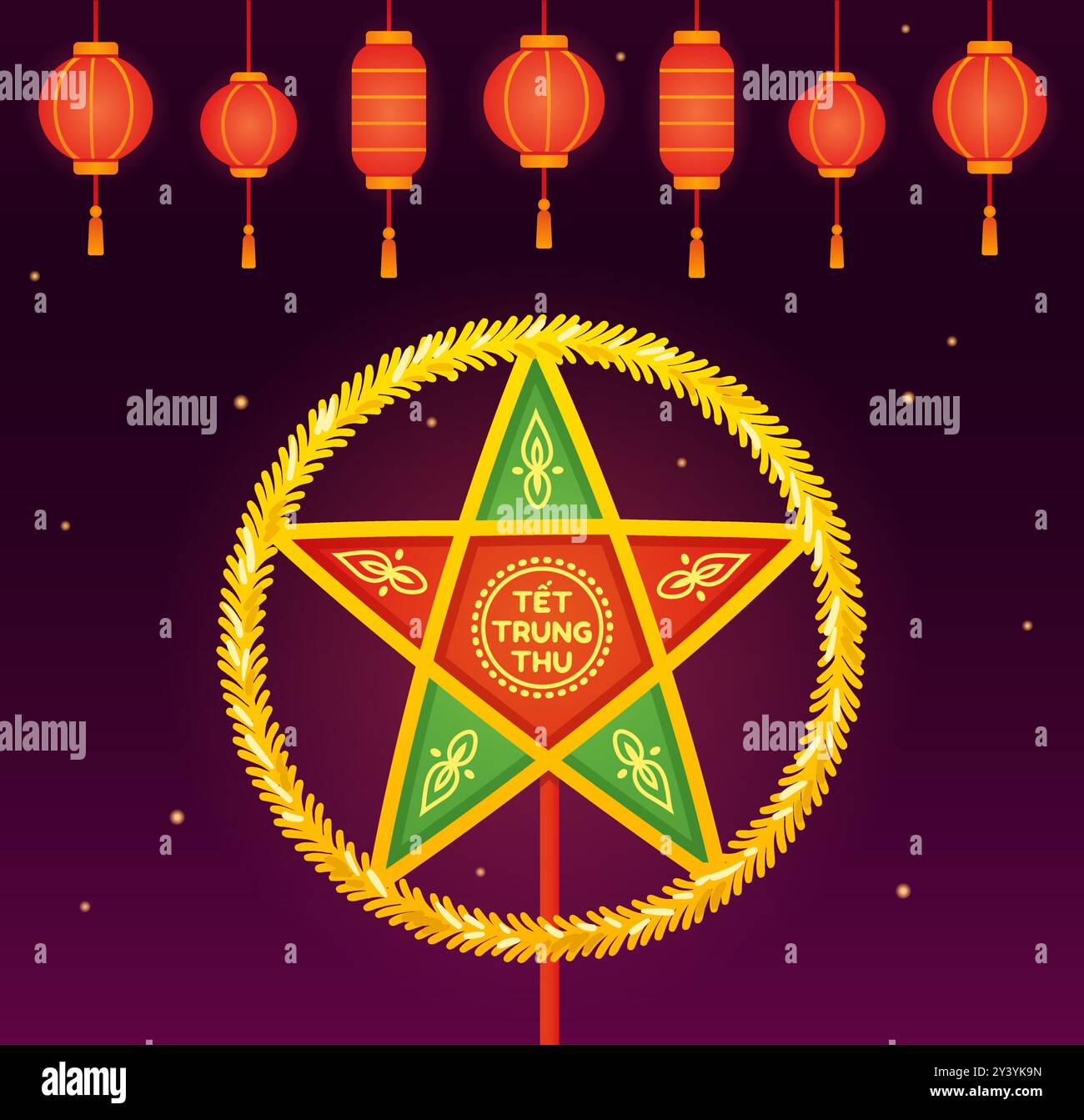 Lanterne étoile vietnamienne traditionnelle (Đèn Ông Sao). Tết Trung Thu signifie Festival de la mi-automne au Vietnam. Lanternes en papier la nuit. Clip art de bannière vectorielle Illustration de Vecteur