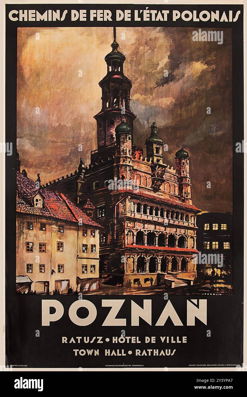 Affiche de voyage polonaise vintage. Poznan, Pologne montrant l'hôtel de ville dans le vieux centre de la ville par Stefan Norblin, vers 1930 Banque D'Images