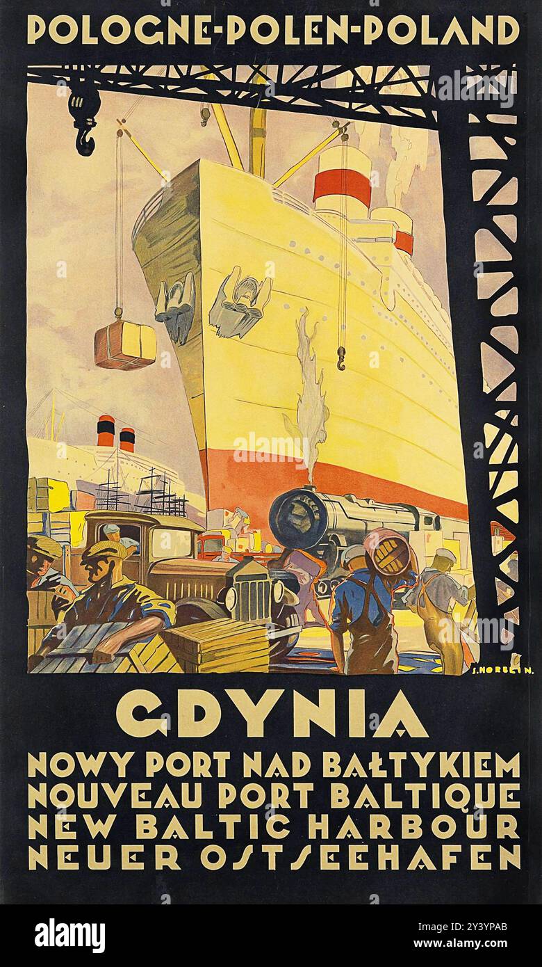 Affiche de voyage polonaise vintage. Gdynia montrant le port de travail de bateau en ville. Par Stefan Norblin, vers 1930s Banque D'Images