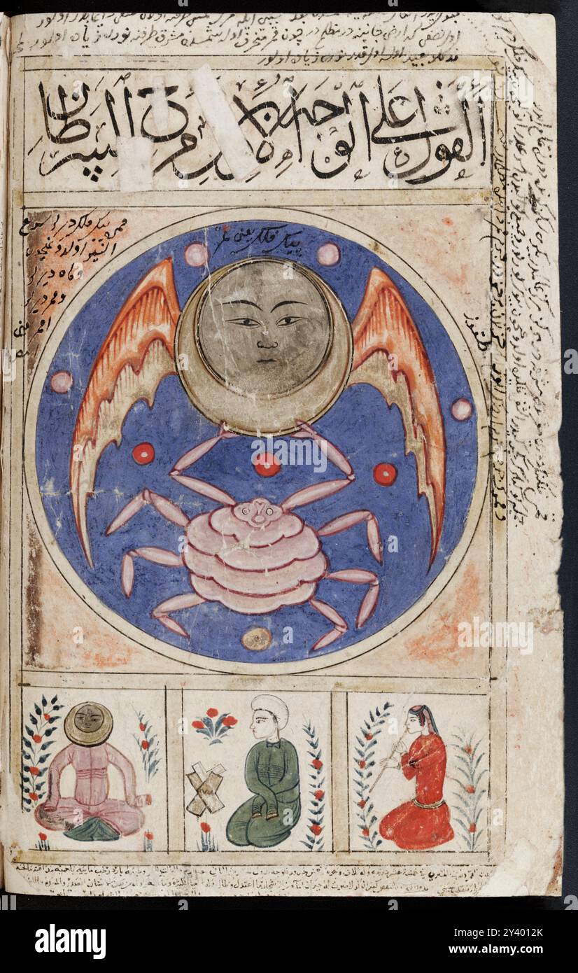 Cancer, le quatrième signe astrologique tel que représenté dans le Kitāb al-Bulhān (Livre des merveilles), un manuscrit arabe de la fin du XIVe siècle sur l’astronomie, l’astrologie et la géomancie compilé à Bagdad montrant un crabe sous sa planète dirigeante, la lune. Banque D'Images Cancer, le quatrième signe astrologique tel que représenté dans le Kitāb al-Bulhān (Livre des merveilles), un manuscrit arabe de la fin du XIVe siècle sur l’astronomie, l’astrologie et la géomancie compilé à Bagdad montrant un crabe sous sa planète dirigeante, la lune. Banque D'Images