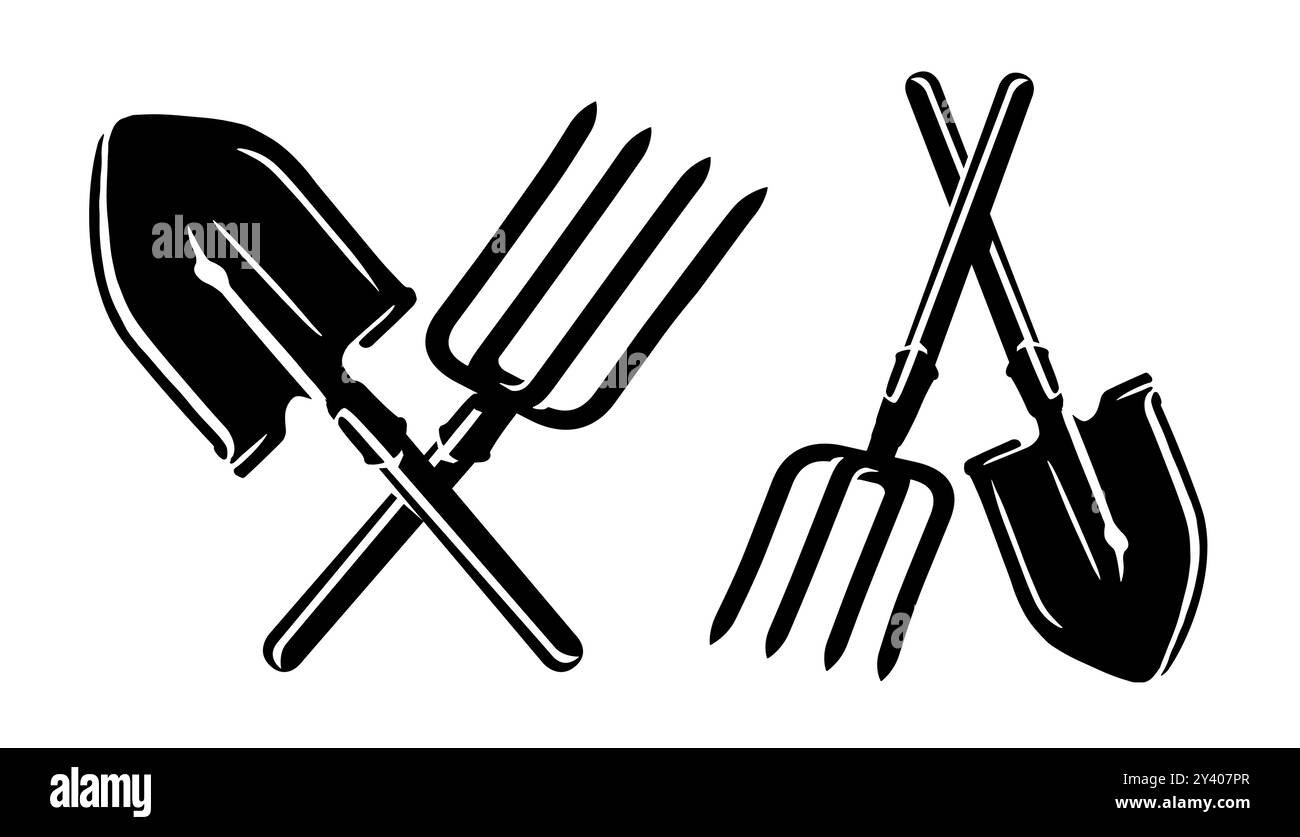 Panneau outils de travail agricoles, pelle croisée et fourche. Ferme, symbole de l'agriculture. Illustration vectorielle Illustration de Vecteur
