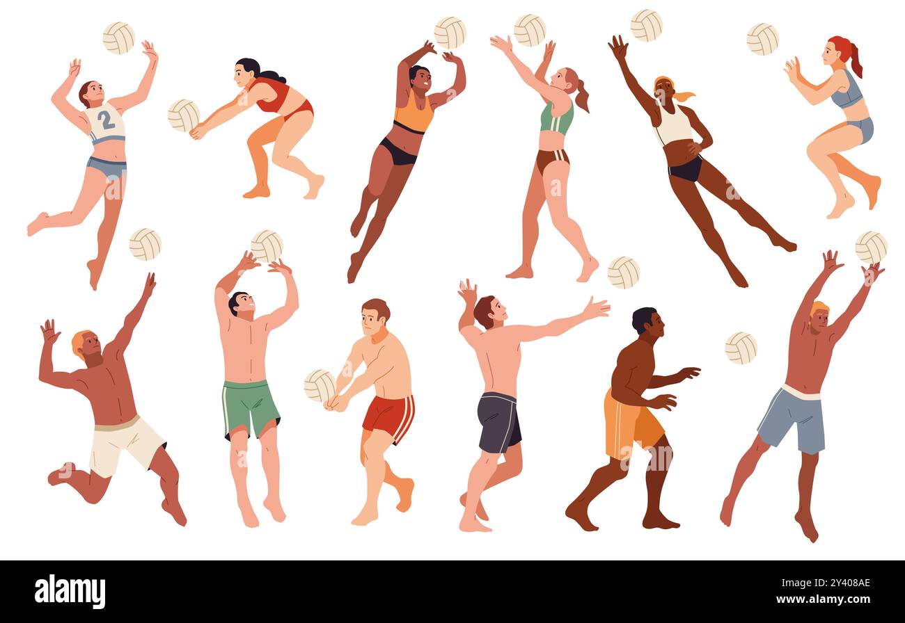 Joueurs de Beach volley en été. Personnes avec balle dans des poses dynamiques, athlètes en bikinis, jeu de sport d'équipe, batting, service, jeu de compétition, dessin animé Illustration de Vecteur
