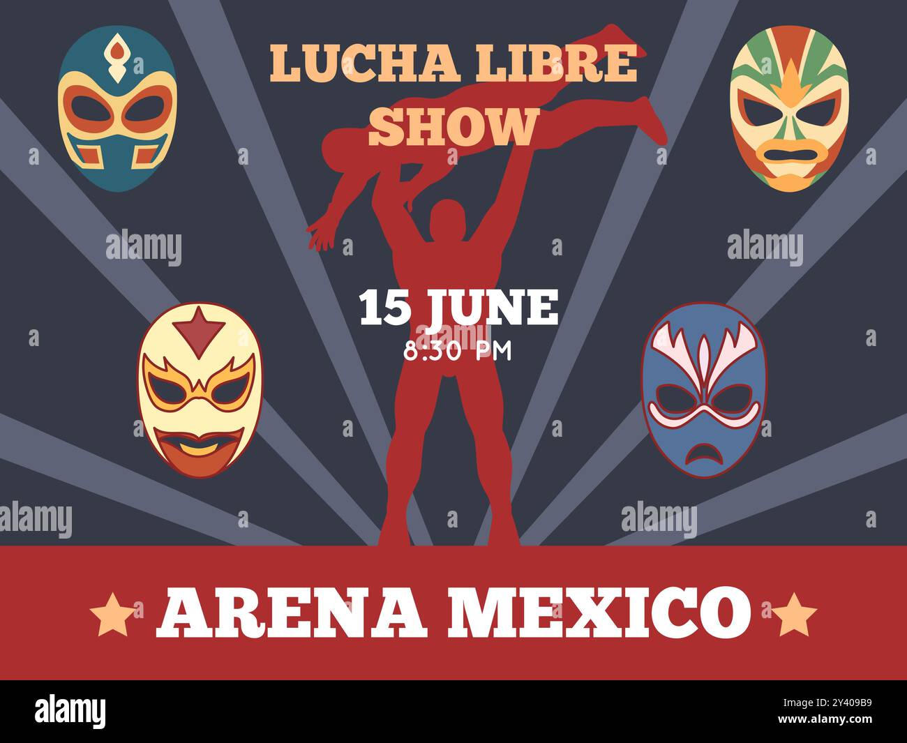 Affiche Lucha libre. Invitation de spectacle de lutte mexicaine, match de bataille vintage, combattant tient l'adversaire au-dessus de la tête, masques de couleur, bannière d'invitation, dessin animé Illustration de Vecteur