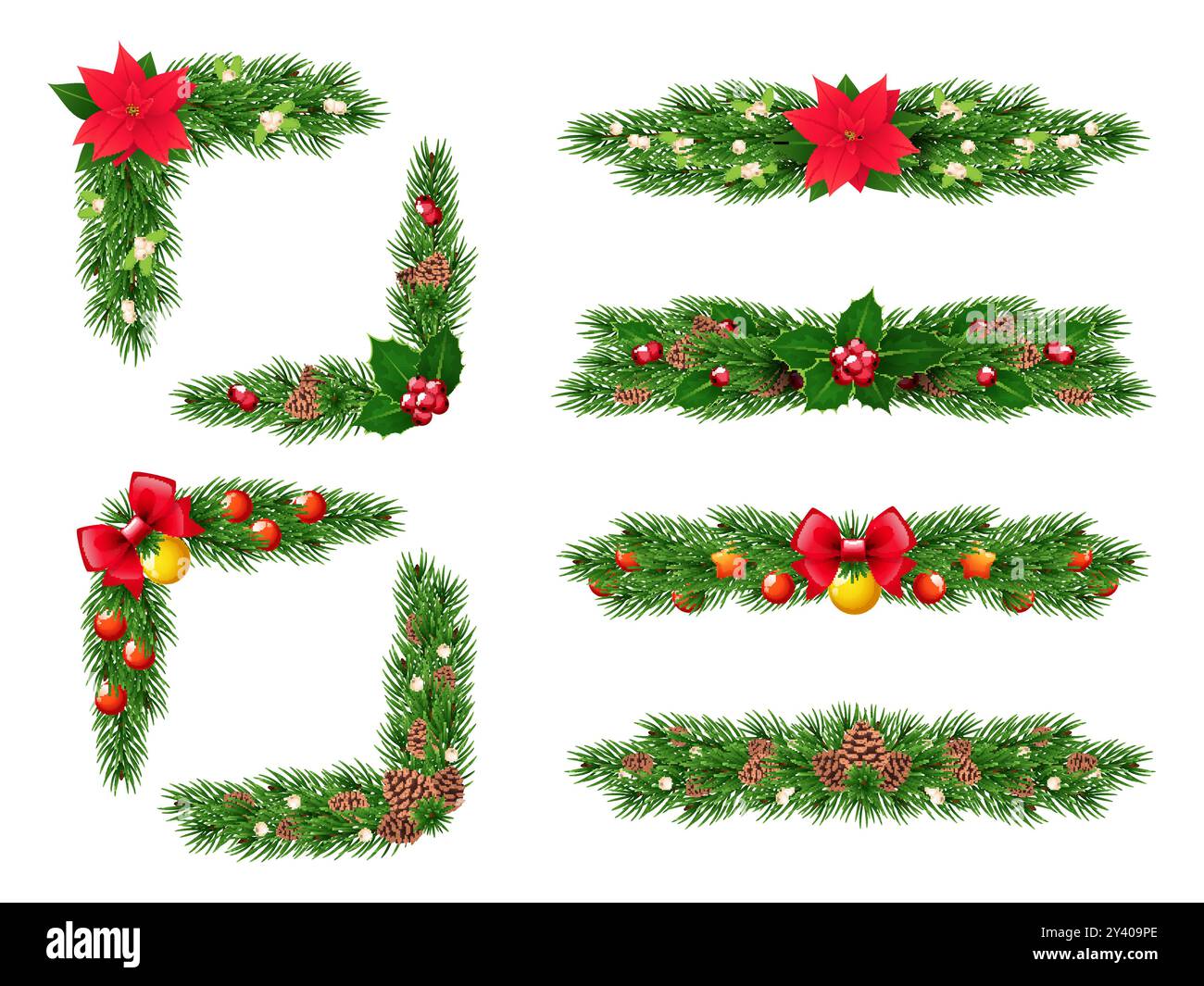 Guirlandes de branches d'arbre de Noël. Aiguilles de pin, décorations festives de brindilles persistantes, houx, gui, boules et arcs de verre, bordures et cadres Illustration de Vecteur