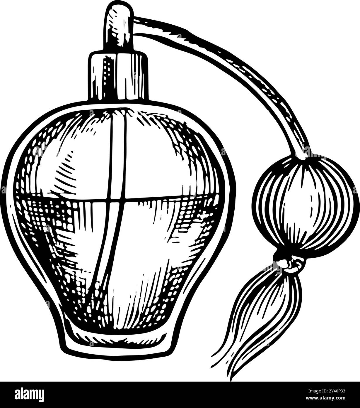 Bouteille de parfum vintage en verre transparent avec une pompe de pulvérisation. Une illustration vectorielle en noir et blanc réalisée à la main. Un élément de conception. Isoler sur un Illustration de Vecteur