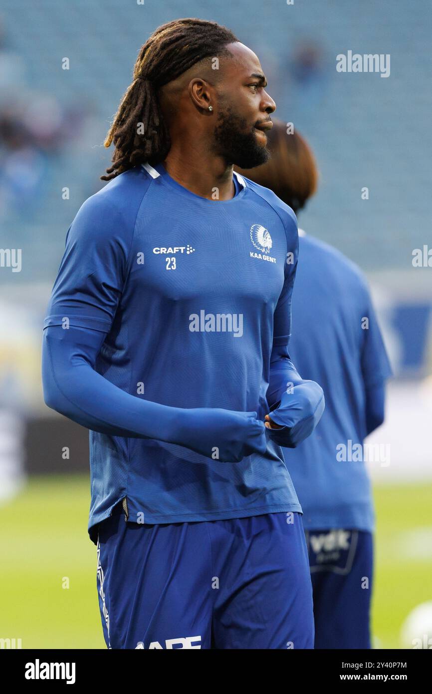 Gand, Belgique. 15 septembre 2024. Jordan Torunarigha de Gand photographié en action lors de l'échauffement pour un match de football entre KAA Gent et KV Malines, à Gand, le septième jour de la saison 2024-2025 de la première division du championnat belge 'Jupiler Pro League', dimanche 15 septembre 2024. BELGA PHOTO KURT DESPLENTER crédit : Belga News Agency/Alamy Live News Banque D'Images