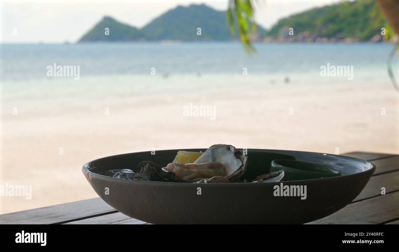 Plateau de fruits de mer sur une table en bois surplombant la plage sereine avec île Banque D'Images