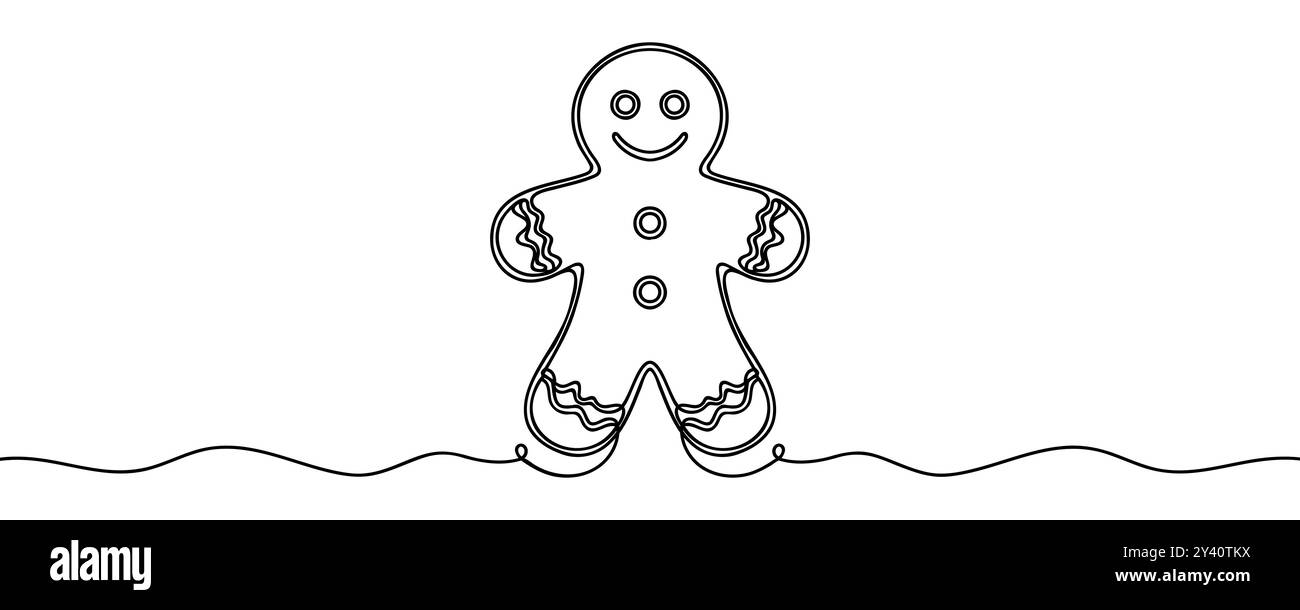 Homme en pain d'épice de Noël continu d'une ligne sur fond blanc. Illustration de Vecteur