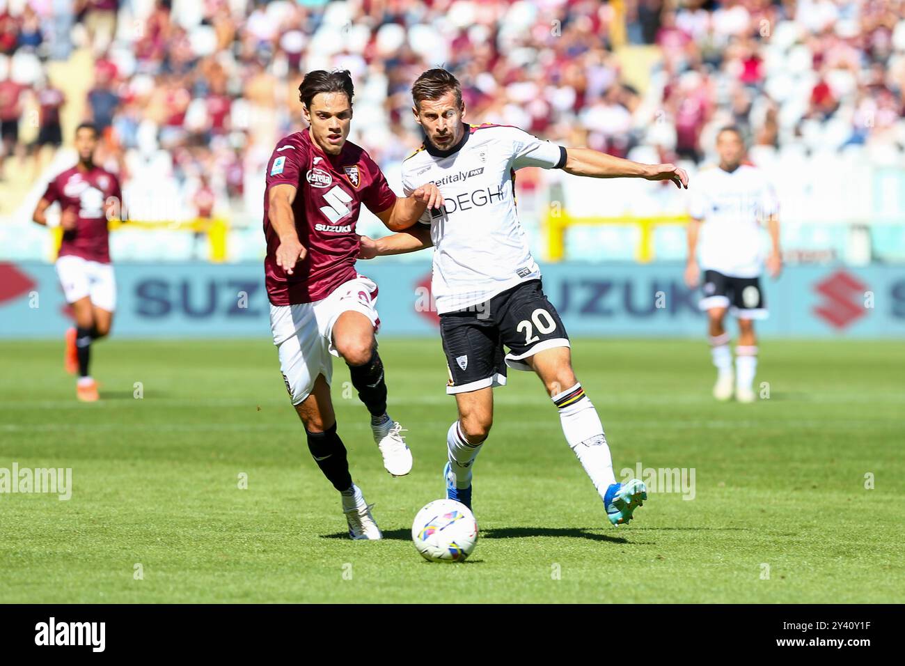 Samuele Ricci du Torino FC et Ylber Ramadani du US Lecce lors du match de Serie A entre le Torino FC et le US Lecce le 15 septembre 2024 au Olympic GRA Banque D'Images