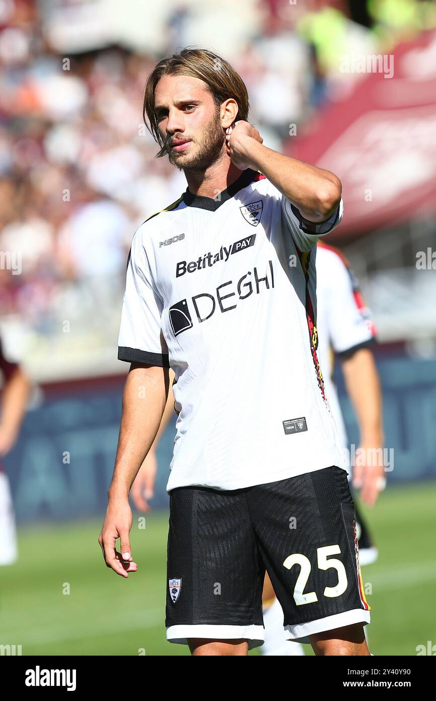 Antonino Gallo de l'US Lecce lors du match de Serie A entre le Torino FC et l'US Lecce le 15 septembre 2024 au stade olympique Grande Torino de Turin Banque D'Images