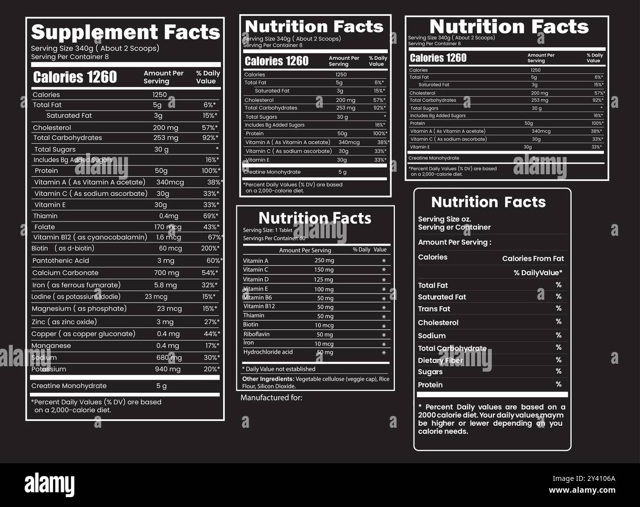 Modèle et étiquette de faits nutritionnels, conception de faits de supplément, faits de vitamine Illustration de Vecteur
