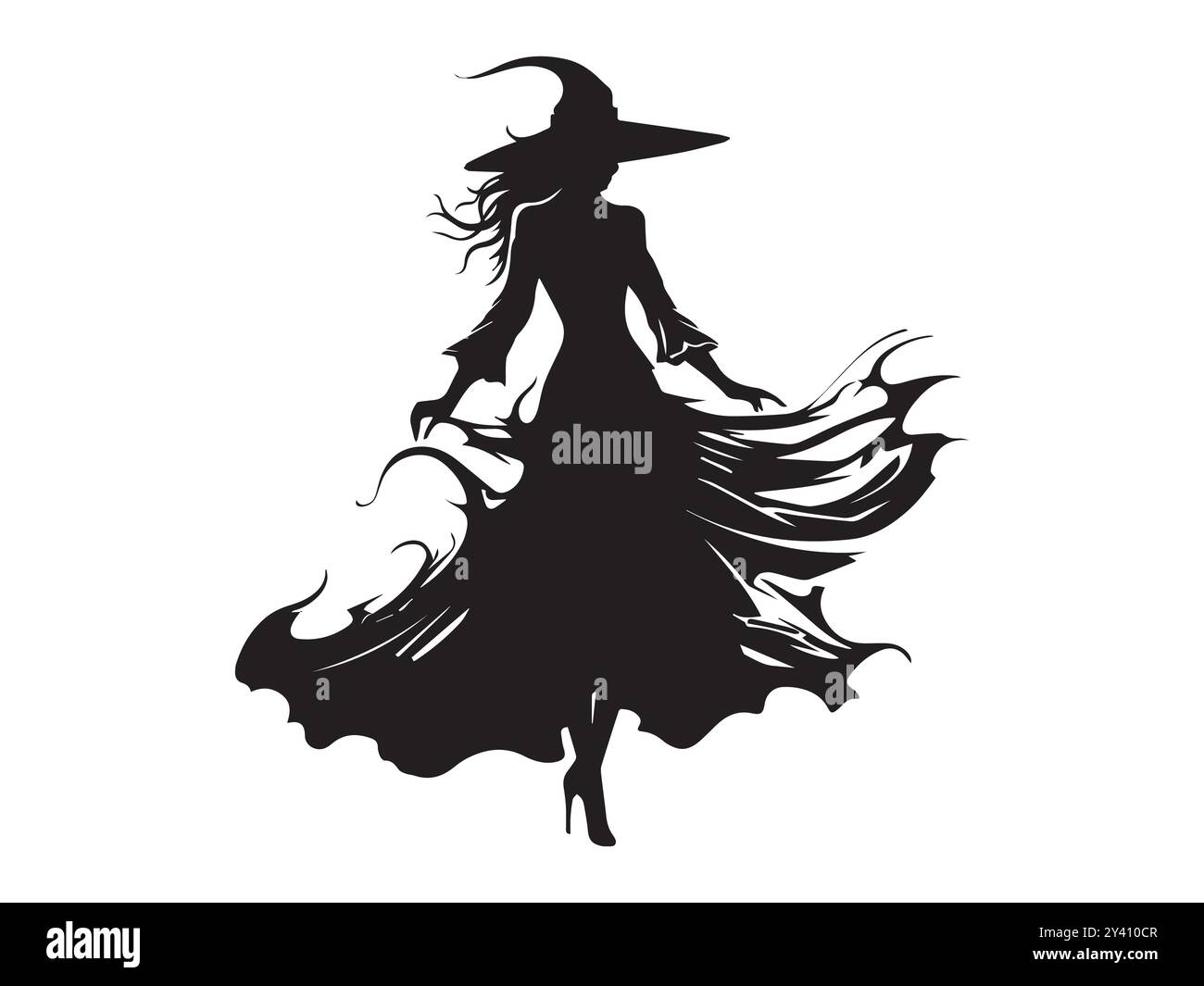 Silhouette noire d'une sorcière dans une robe fluide avec un chapeau pointu isolé sur fond blanc. Concept d'Halloween, occulte, magie, figure mystérieuse Illustration de Vecteur