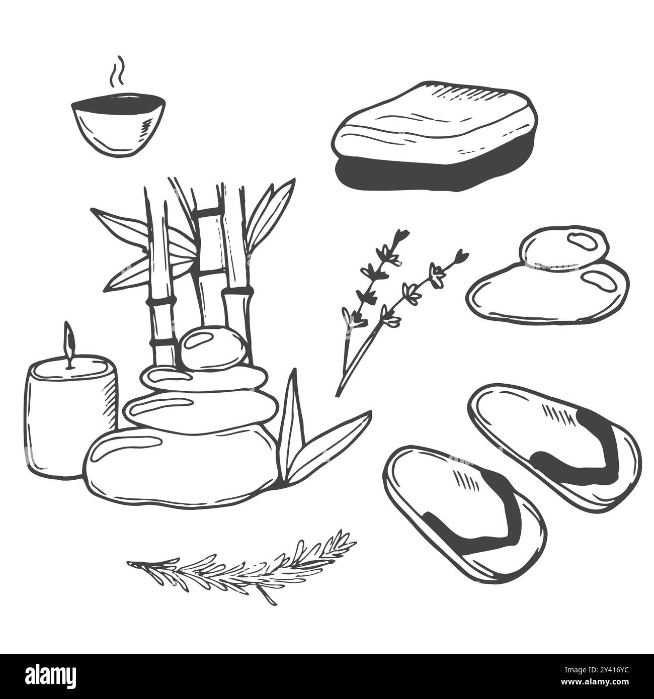 Ensemble dessiné à la main d'attributs spa. Modèle pour la conception de Spa , centre de bien-être. Illustration vectorielle. Illustration de Vecteur