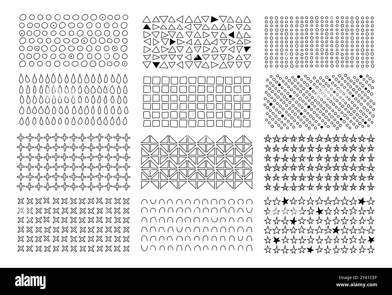 Ensemble vectoriel d'éléments de doodle géométriques abstraits. Motifs de lignes dessinés à la main avec des rangées de cercles, triangles, carrés, étoiles et croix. Parfait pour Illustration de Vecteur