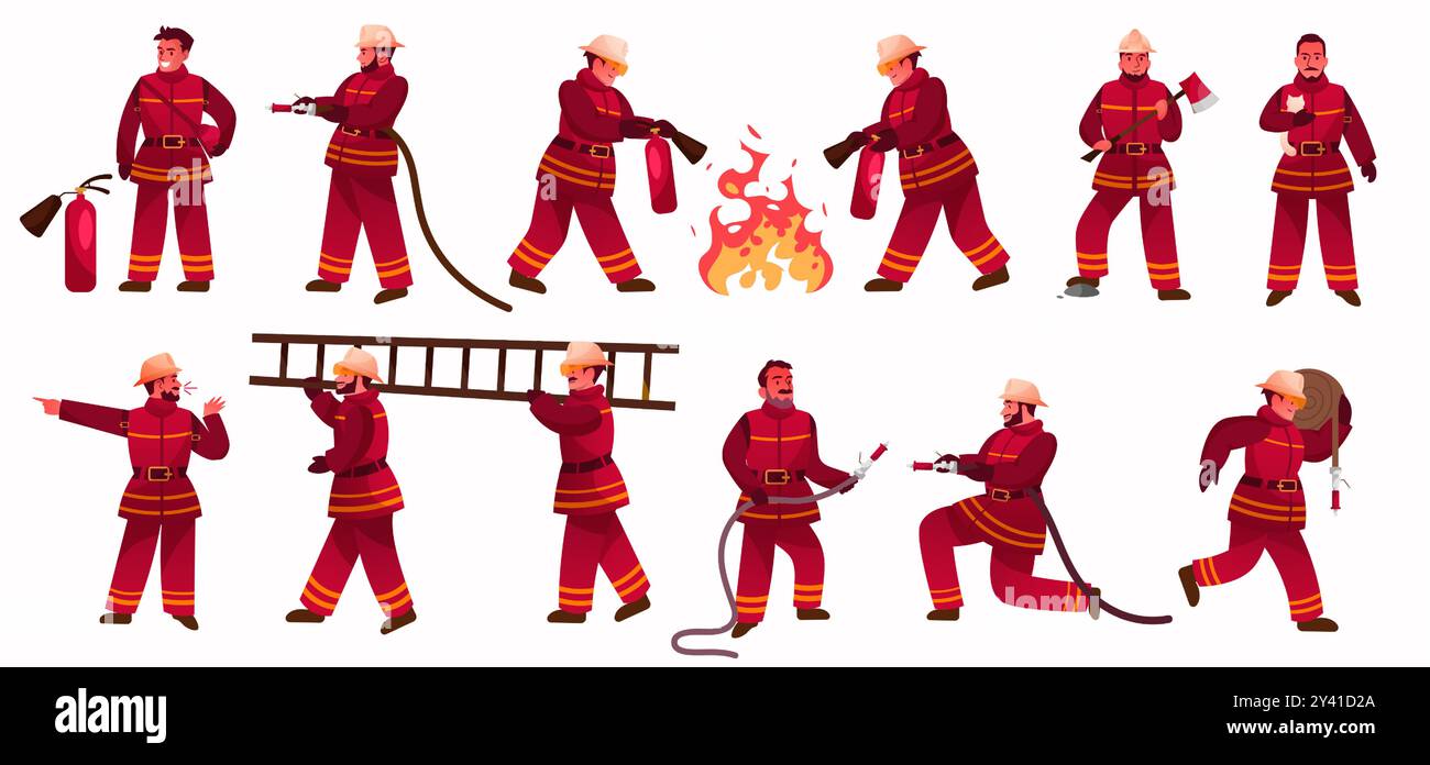 Pompiers. Flamme d'extinction de pompier. Service d'urgence. Les pompiers portent le tuyau d'eau et l'échelle. Sauvetage après allumage. Caractère en uniforme. Protection contre les flammes. Jeu de poses d'extincteur vectoriel Illustration de Vecteur