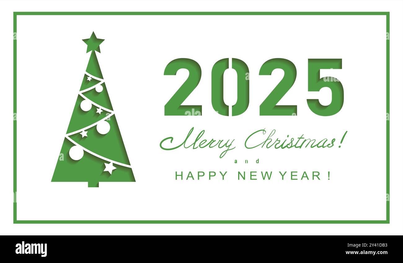 Carte de voeux joyeux Noël et nouvel an. 2025 arbre de Noël utilisant la technique de coupe de papier. Illustration de Vecteur