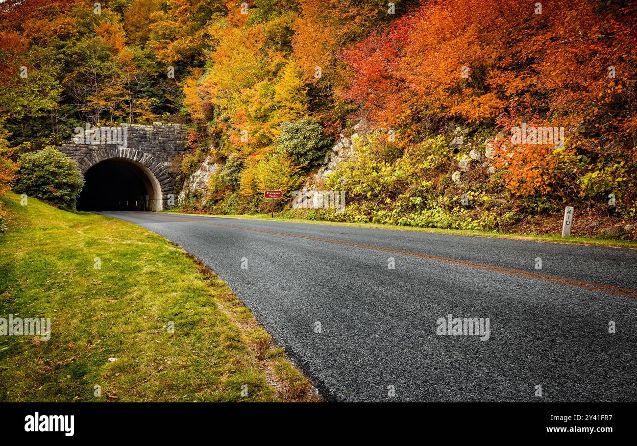 Tunnel de poêle à frire entouré de couleurs d'automne vives sur la Blue Ridge Parkway Banque D'Images