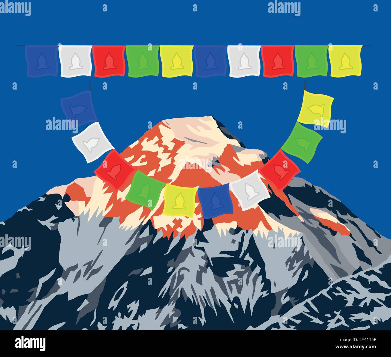 Sommet de la montagne du soir du mont Dhaulagiri avec le logo d'illustration vectorielle de drapeaux de prière bouddhistes, montagnes de l'Himalaya du Népal, bouddhisme tibétain Illustration de Vecteur