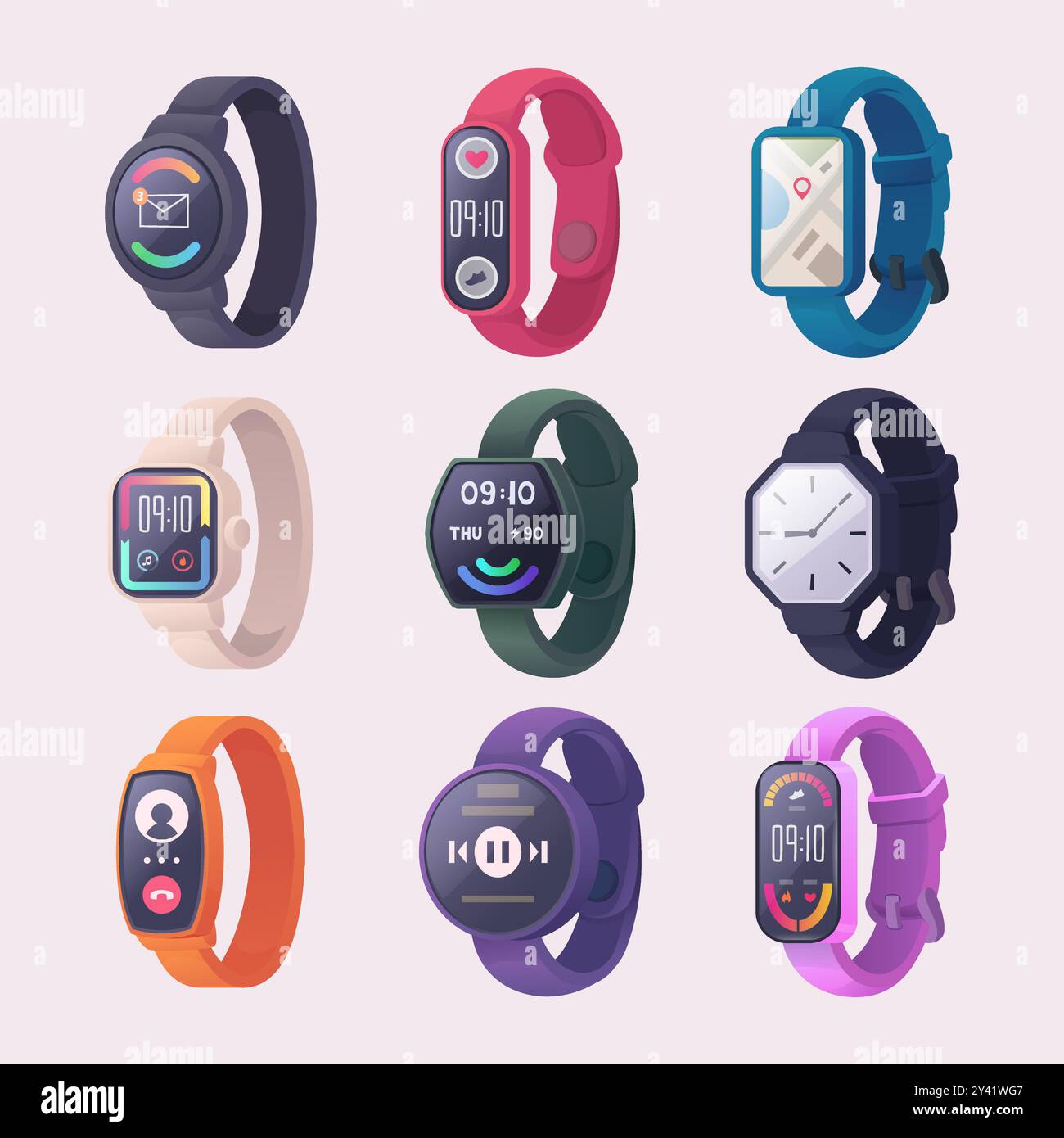 Montres numériques. Les bracelets de fitness et les trackers intelligents affichent le modèle de l'ensemble exact de vecteurs de montres numériques Illustration de Vecteur