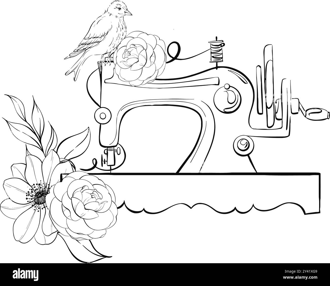 Machine à coudre vintage avec oiseau et fleurs romantiques pour la confection. Motif vêtements. Artisanat dans un style rétro. Vintage old-fashion, tailleur pour logo Illustration de Vecteur