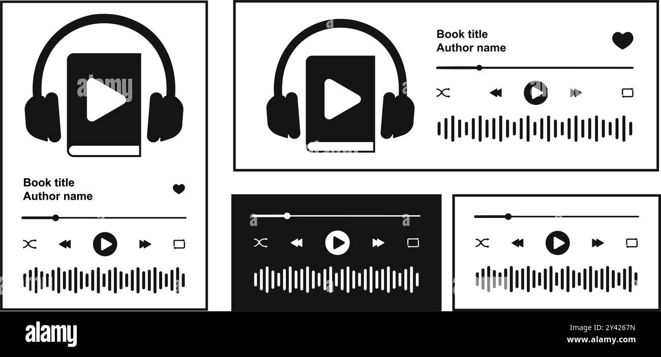 Modèle d'application de livre audio avec barre de défilement de progression, onde sonore d'égaliseur et boutons. Interface de lecteur audio pour l'écoute de livres. Widgets de lecteur audio eBook ou podcast. Illustration graphique vectorielle. Illustration de Vecteur