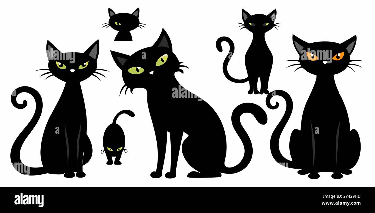 Une collection de chats noirs mignons avec différentes poses et expressions, parfait pour ajouter une touche de fantaisie à vos créations d'Halloween. Illustration de Vecteur