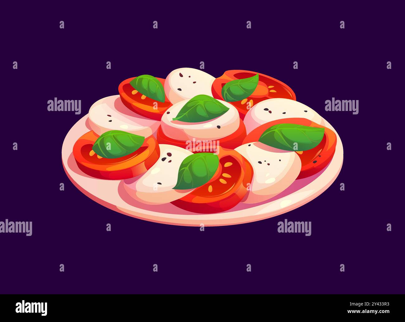Salade caprese de dessin animé, composée de tranches de mozzarella fraîche, de tomates mûres et de feuilles de basilic, arrosée d'huile d'olive et saupoudrée de poivre, servie dans une assiette. Plat de cuisine méditerranéenne Vector Illustration de Vecteur