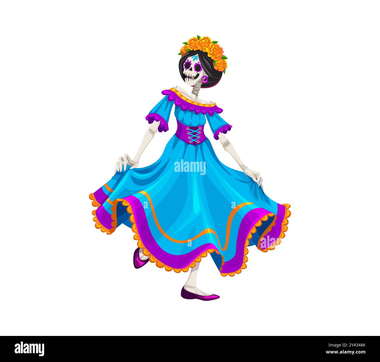 Caricature jour mexicain du personnage mort dia de los muertos Catrin. Squelette danseur femme personnage habillé dans une robe bleu vif avec couronne florale, symbolisant le patrimoine culturel et l'esprit festif Illustration de Vecteur