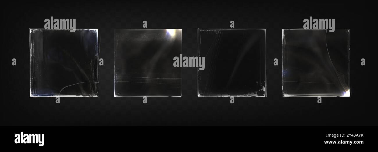 Housses en vinyle en plastique rayées, isolées sur fond transparent. Illustration réaliste vectorielle de morceaux carrés de vieux verre avec des fissures et une réflexion de lumière sur la surface sale, maquette d'emballage de cd Illustration de Vecteur