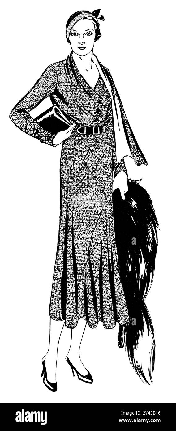 1932 illustration de mode pour dames. Une femme dans une robe longueur mollet avec chapeau, sac à main et étole de fourrure. Banque D'Images