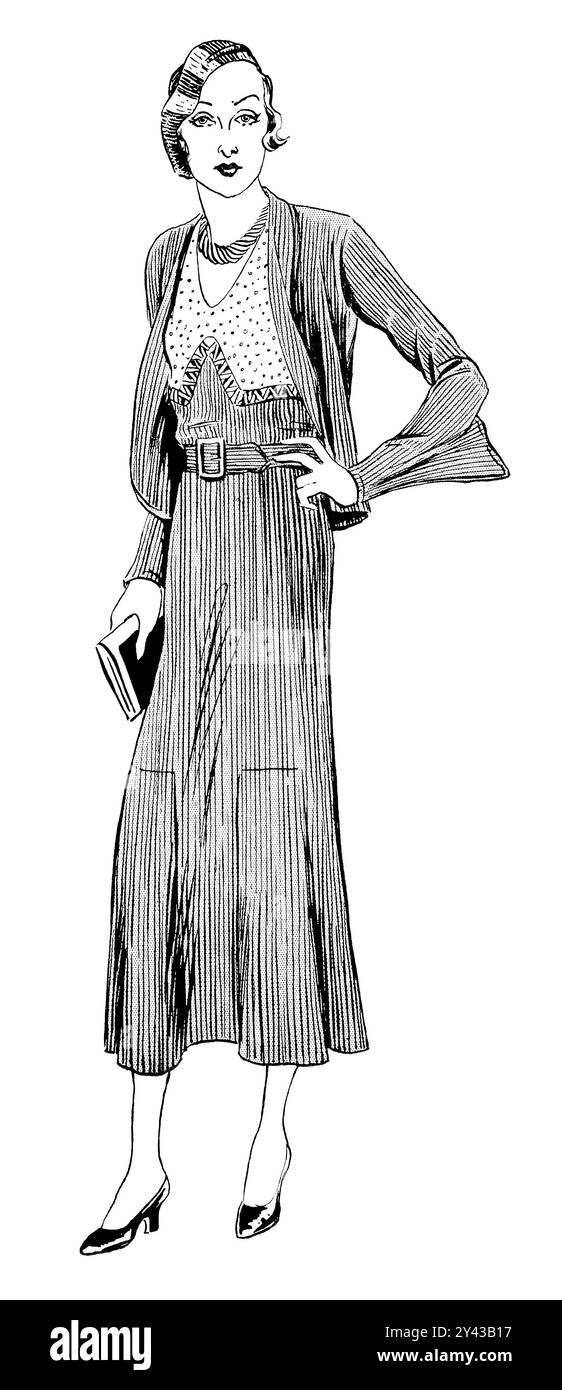 1932 illustration de mode pour dames. Une femme dans une robe longueur mollet et veste avec chapeau et sac à main. Banque D'Images