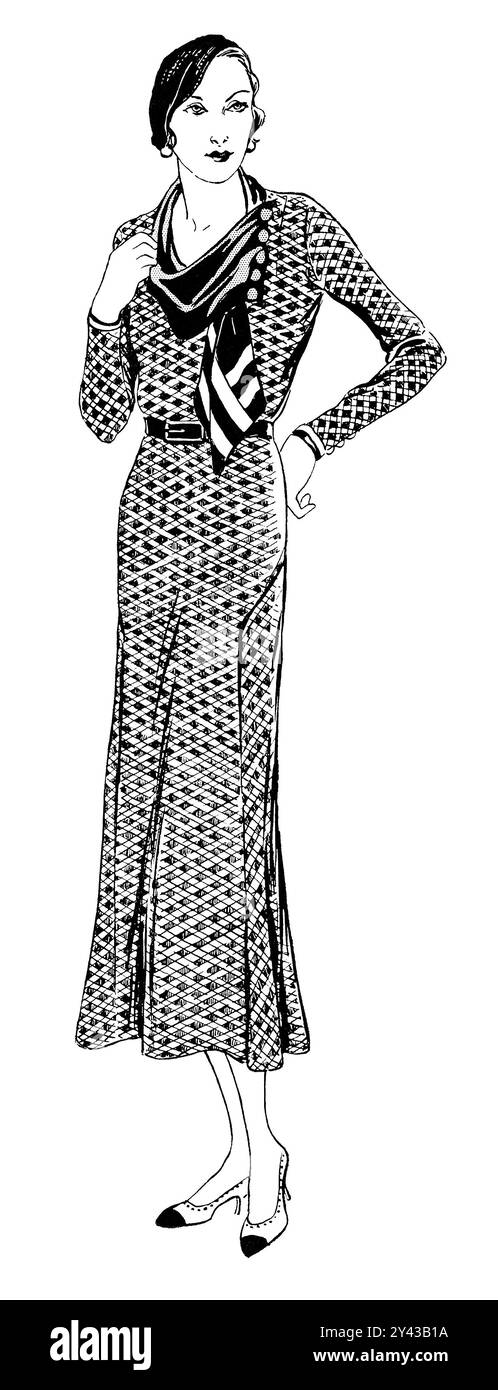 1932 illustration de mode pour dames. Une femme dans une robe longueur mollet avec chapeau et foulard en soie. Banque D'Images