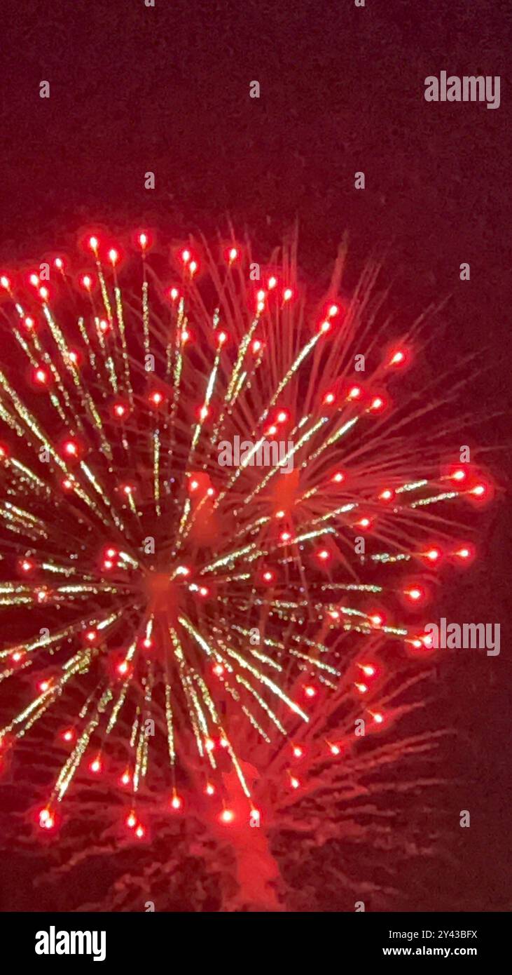 FEUX D'ARTIFICE AU-DESSUS DU LAC AVEC BATEAU Banque D'Images