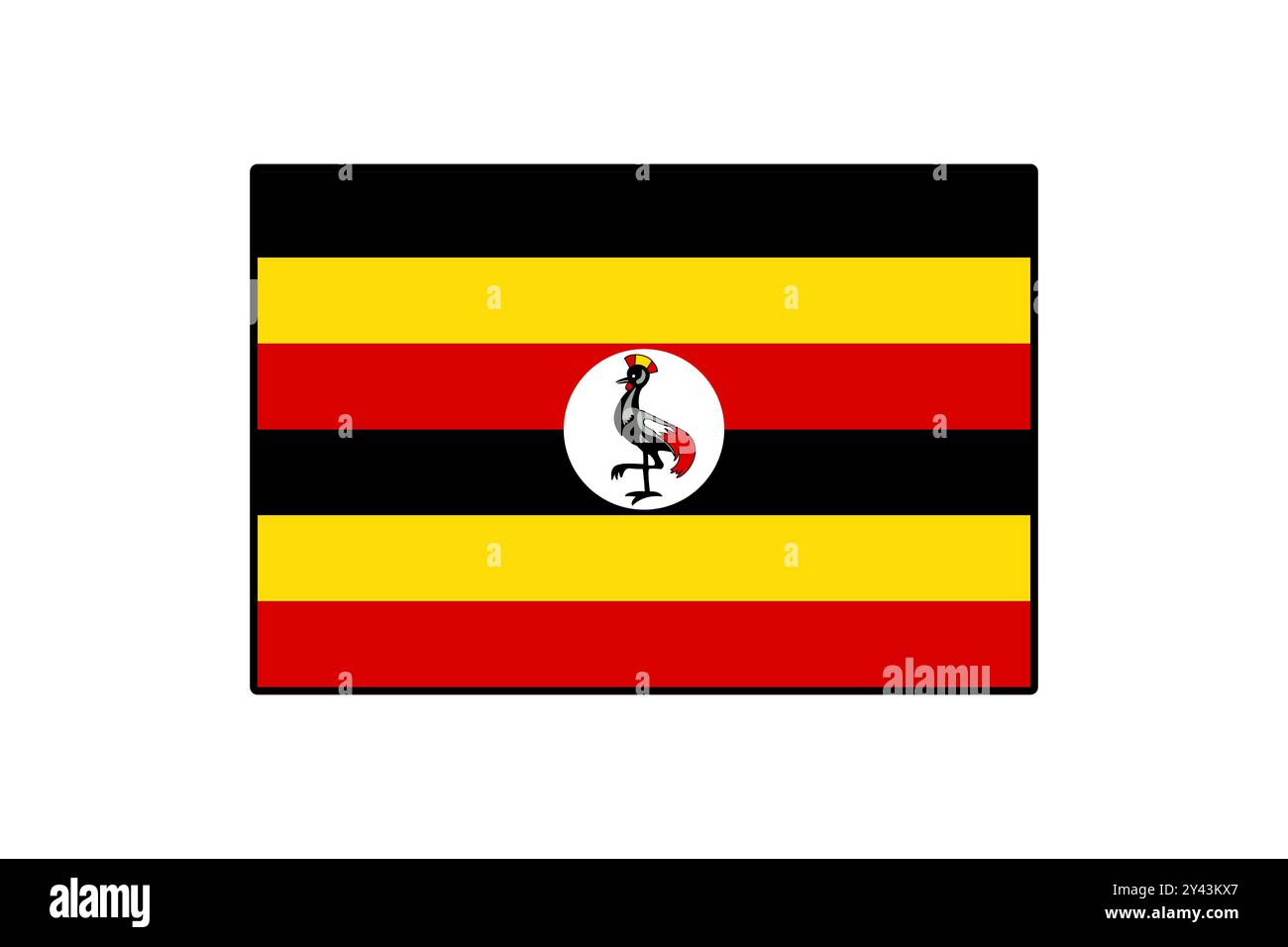 Le drapeau de l'Ouganda présente trois bandes horizontales : noir, jaune et rouge, ainsi que l'emblème national représentant une grue couronnée au centre. Il symbolise l'unité et la richesse. Illustration de Vecteur