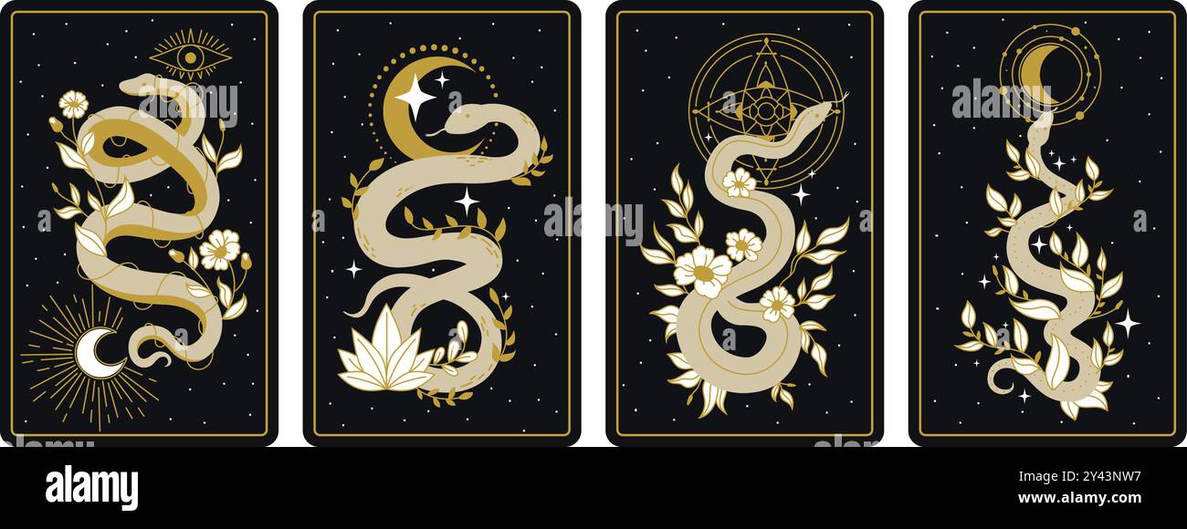 Cartes serpents mystiques. Carte magique de tarot bohème serpent, astrologie mystique serpent ornement ésotérique affiches spirituelles éléments de sorcière céleste impriment ingénieuse illustration vectorielle illustration originale Illustration de Vecteur