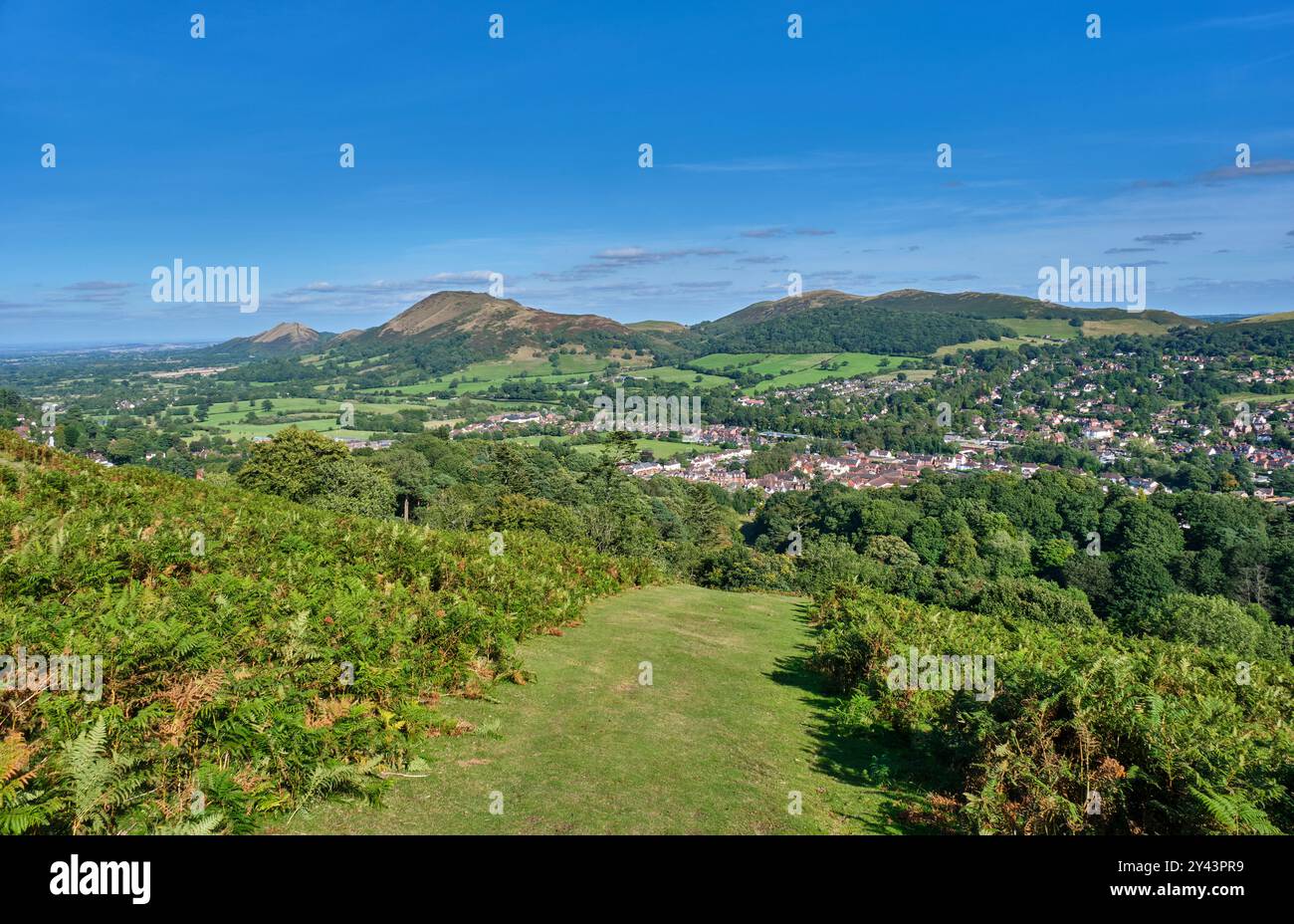 The Lawley, Caer Caradoc, Helmeth Hill et Hope Bowdler Hill vus d'Ashlet sur le long Mynd, Church Stretton, Shropshire Banque D'Images