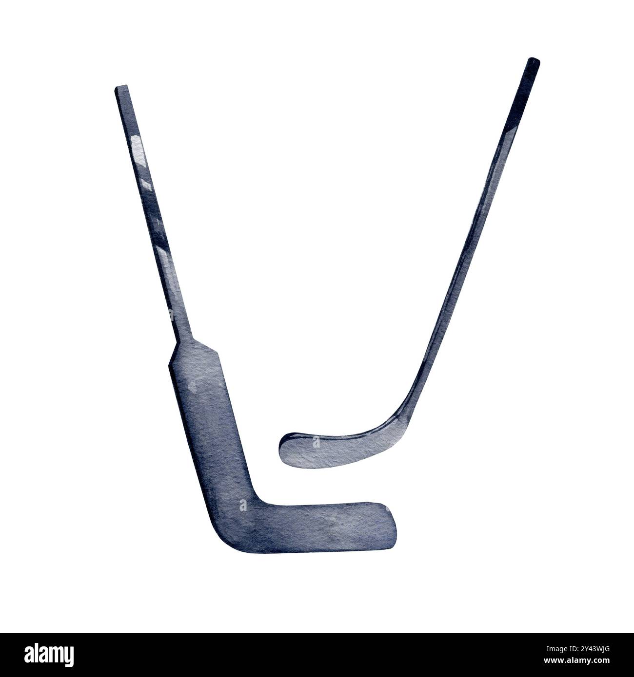 deux bâtons différents de hockey sur glace, illustration à l'aquarelle dessinée à la main du bâton d'un joueur ordinaire et du bâton d'un gardien de but, croquis de glace Banque D'Images
