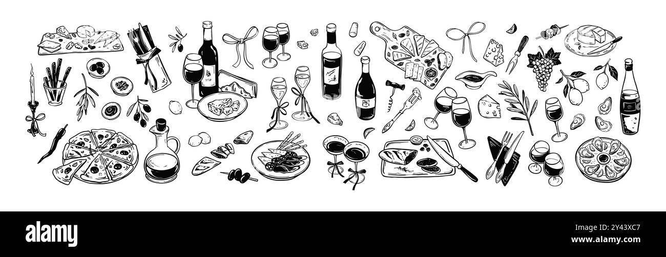 Jeu de croquis minimaliste dessiné à la main pour la nourriture et le vin. plateau de fromage, assiette d'ousters, charcuterie Jamon et plateau de salami, bouteille de vigne, verre à boire, champagne Illustration de Vecteur